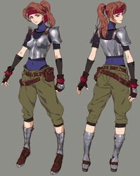  armor back bag belt boobplate breastplate brown_eyes brown_hair cargo_pants covered_navel elbow_gloves female final_fantasy final_fantasy_vii final_fantasy_vii_remake fingerless_gloves fishnets full_body gimp_(medium) gloves grey_background headband jessie_rasberry multiple_views official_art pants ponytail red_headband roberto_ferrari satchel shin_guards shoulder_armor 