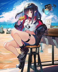  ^_^ absurdres ankle_boots arknights bar_stool bare_legs beach black_footwear black_hair black_jacket blue_hair blue_shorts boots breasts castle-3_(arknights) chinese_commentary cleavage closed_eyes closure_(arknights) cloud cloudy_sky colored_inner_hair commentary_request commission counter creature crop_top crop_top_overhang day denim denim_shorts earphones eating female food food_on_face full_body gaanc_23_(tomosuge) hand_on_own_hip heart highres holding holding_food id_card jacket lambda_(arknights) lancet-2_(arknights) long_hair long_sleeves looking_at_viewer medium_breasts mixed-language_commentary multicolored_hair navel ocean open_clothes open_jacket outdoors pointy_ears red_eyes sandwich shirt short_shorts shorts sidelocks sitting sky stomach stool thigh_strap two-tone_hair unzipped white_shirt 