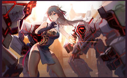  absurdres bare_shoulders black_gloves black_hair black_legwear blue_dress blue_eyes breasts china_dress chinese_clothes cleavage dress female fighting fu_hua fu_hua_(valkyrie_accipiter) fz_ruoye gloves glowing hair_between_eyes hair_ornament highres honkai_(series) honkai_impact_3rd mecha open_mouth outdoors ponytail robot single_glove small_breasts solo teeth 