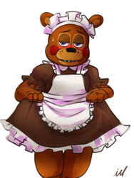  2015 3:4 ambiguous_gender animatronic anthro bear blue_eyes blush brown_body clothing clothing_grab embarrassed five_nights_at_freddy&#039;s five_nights_at_freddy&#039;s_2 freckles ill825_(artist) looking_away machine maid_headdress maid_uniform mammal red_cheeks robot scottgames signature solo toy_freddy_(fnaf) uniform ursine 