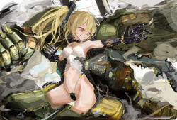  armored_legwear artery_gear artery_gear:_fusion blonde_hair breasts brown_eyes extra_arms female highres lydia_(artery_gear) mechanical_arms medium_breasts oo_(ou955) solo tank_top twintails two_side_up white_tank_top 