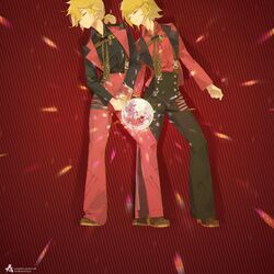  1boy a-shacho black_pants black_shirt blonde_hair brown_footwear chinese_commentary closed_eyes closed_mouth commentary_request disco disco_ball female hair_between_eyes highres kagamine_len kagamine_rin long_sleeves pants ponytail red_background red_pants red_shirt red_theme shirt short_hair short_ponytail siblings suspenders twins vocaloid 