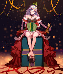  absurdres antenna_hair bare_shoulders blue_eyes braid breasts christmas cleavage closed_mouth dress earrings female full_body fz_ruoye gift gloves hair_between_eyes hair_ornament hair_ribbon high_heels highres holding honkai_(series) honkai_impact_3rd jewelry kiana_kaslana long_hair looking_at_viewer red_dress red_gloves ribbon sitting smile solo star_(symbol) star_hair_ornament twin_braids white_hair 