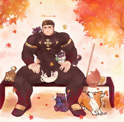  1boy animal_on_lap autumn_leaves bad_id bad_pixiv_id bara black_bodysuit black_hair blush bodysuit brown_fur canine cat_on_lap chibi clothing_cutout covered_abs facial_hair feline fox full_body halo highres jaguar_boy large_pectorals leaf looking_at_viewer male_focus maple_leaf muscular muscular_male on_lap pectorals po_fu short_hair sitting stubble tezcatlipoca_(housamo) thick_thighs thigh_cutout thighs tokyo_afterschool_summoners yellow_eyes zabaniyya_(housamo) 