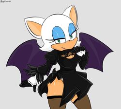  anthro bat breasts cleavage clothed clothing cosplay crossover crossover_cosplay dress dupli female gloves handwear hi_res legwear looking_at_viewer makeup mammal nier_automata platinumgames rouge_the_bat sega simple_background solo sonic_the_hedgehog_(series) standing stockings wings yorha_2b 