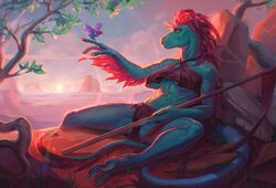  anthro bottomwear breasts clothing dinosaur dromaeosaurid extinct feathers female green_body green_scales kaptain_spicy loincloth prehistoric_species red_stripes reptile scales scalie stripes sunrise theropod under_boob uthalla velociraptor yellow_eyes 