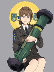  bad_id bad_pixiv_id black_necktie blue_eyes brown_hair closed_mouth coat_of_arms commentary_request cowboy_shot expressionless faux_text female fgm-148_javelin halo halo_behind_head highres holding holding_rocket_launcher holding_weapon korean_commentary looking_at_viewer medium_hair military military_uniform necktie original patch rocket_launcher russo-ukrainian_war saint shirt shoulder_patch sitting skirt solo st._javelin tryzub ukraine ukrainian_flag uniform wani_(perfect_han) weapon white_shirt 