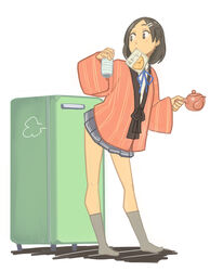  black_eyes black_hair cup female full_body grey_skirt grey_socks hair_ornament hairclip hanten_(clothes) heibonkaeru kantai_collection kuroshio_(kancolle) mouth_hold pleated_skirt refrigerator short_hair side_handle_teapot simple_background skirt snack socks solo standing teapot white_background yunomi 