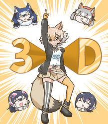  &gt;:) 5girls ^_^ african_penguin_(kemono_friends) animal_ears arm_at_side arm_up asymmetrical_legwear black_hair blue_hair blush_stickers brown_eyes brown_hair cardigan closed_eyes closed_mouth commentary coyote_(kemono_friends) dire_wolf_(kemono_friends) emphasis_lines extra_ears fox_ears full_body fur_collar gloves grey_hair hair_between_eyes hat head_only headset highres humboldt_penguin_(kemono_friends) index_finger_raised island_fox_(kemono_friends) kemono_friends kemono_friends_v_project kotobuki_(tiny_life) long_sleeves looking_at_viewer medium_hair microskirt multicolored_hair multiple_girls oerba_yun_fang open_cardigan open_clothes open_mouth outstretched_arm pink_hair pose shirt shoes skirt smile standing tail tan thighhighs twintails v-shaped_eyebrows virtual_youtuber white_hair wolf_ears wolf_tail zettai_ryouiki 