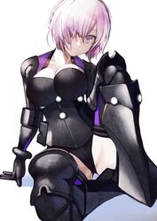  armor breasts crotch fate/grand_order fate_(series) female glasses hatahata_p_(taritari1648) highres looking_at_viewer mash_kyrielight mash_kyrielight_(ortenaus) pink_hair purple_eyes short_hair simple_background solo white_background 