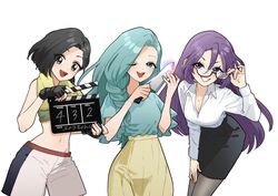  3girls :d ;d adjusting_eyewear aqua_eyes aqua_hair aqua_shirt azami_(etra-chan_wa_mita!) black_eyes black_gloves black_hair black_shirt black_skirt braid breasts brown_skirt clapperboard cleavage collared_shirt commentary_request etra-chan_wa_mita! fingerless_gloves gloves green_sports_bra karin_(etra-chan_wa_mita!) long_hair mole mole_under_eye multiple_girls navel one_eye_closed open_mouth pantyhose pencil_skirt purple_eyes purple_hair shimizuy418 shirt short_hair short_sleeves shorts simple_background single_braid skirt smile sports_bra white_background white_shirt white_shorts yuzuriha_(etra-chan_wa_mita!) 