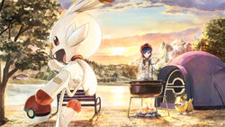  54cr bench blue_hair building campfire chinese_commentary closed_mouth cloud commentary crossover dolphin_hair_ornament female fire hat highres jacket long_sleeves nijisanji nishizono_chigusa outdoors poke_ball poke_ball_(basic) pokemon pokemon_(creature) pot red_headwear scorbunny sky smile standing sun tam_o&#039;_shanter tent tree virtual_youtuber white_jacket yamper 