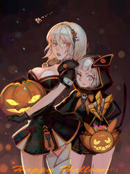  2girls :o absurdres black_dress black_gloves black_hoodie breasts bucket candy claws cleavage closed_mouth dress food fz_ruoye gloves hair_between_eyes halloween halloween_bucket halloween_costume headband highres holding holding_bucket holding_food homu_(honkai_impact) honkai_(series) honkai_impact_3rd hood hoodie looking_at_viewer multiple_girls oerba_yun_fang one_eye_closed open_mouth orange_eyes pale_skin pumpkin short_hair short_sleeves white_eyes white_hair zombie zombie_(honkai_impact_3) 