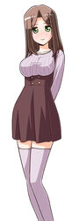  arms_behind_back breasts brown_hair closed_mouth commentary_request feet_out_of_frame female green_eyes hata_kenjirou hayate_no_gotoku! highres kasumi_aika large_breasts long_hair looking_at_viewer photoshop_(medium) ribbed_sweater simple_background skirt smile solo standing sweater white_background 