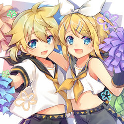  1boy arm_around_shoulder arm_warmers bare_shoulders black_sailor_collar black_shorts blonde_hair blue_eyes bow brother_and_sister commentary crop_top date_pun female good_twins_day hair_ornament hairbow hairclip holding holding_pom_poms kagamine_len kagamine_rin leeannpippisum looking_at_viewer midriff navel neckerchief necktie number_pun open_mouth pom_pom_(cheerleading) sailor_collar school_uniform shirt short_hair short_ponytail short_sleeves shorts siblings side-by-side sleeveless sleeveless_shirt smile spiked_hair swept_bangs twins upper_body vocaloid white_bow white_shirt yellow_neckerchief yellow_necktie 