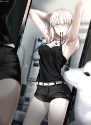  absurdres armpits arms_behind_head arms_up artoria_pendragon_(fate) bare_shoulders black_camisole black_ribbon black_shorts blonde_hair breasts camisole canine cavall_the_2nd cleavage collarbone fate/grand_order fate_(series) female foo_(pixiv54892036) hair_ribbon highres jewelry long_hair looking_at_viewer mirror necklace official_alternate_costume parody reflection revision ribbon saber_alter saber_alter_(ver._shinjuku_1999)_(fate) samoyed_(dog) short_shorts shorts sidelocks small_breasts style_parody takeuchi_takashi_(style) thighs tying_hair yellow_eyes 