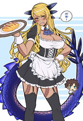  1boy alternate_costume apron blonde_hair breasts brown_hair chaldea_uniform chibi chin_piercing cleavage dragon_girl dragon_horns dragon_tail dress enmaided fate/grand_order fate_(series) female food frilled_apron frills fujimaru_ritsuka_(male) highres holding holding_plate holding_tray horns ketchup large_breasts looking_at_viewer maid maid_apron omelet omurice parody plate puffy_sleeves riyo_(lyomsnpmp)_(style) sanmoto_gorouzaemon sharp_teeth skirt smile style_parody tail teeth thighhighs translated tray vritra_(fate) waist_apron white_apron yellow_eyes 