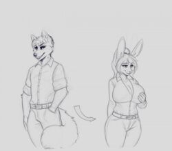  anthro before_and_after big_breasts bottomwear breasts bulge canid canine canis cleavage clothed clothing dress_shirt ear_growth explicit_source female fully_clothed gender_transformation growth hair hand_in_pocket hand_on_breast hi_res huge_breasts lagomorph leporid long_hair male mammal mortarionlordofdeath mtf_transformation pants pockets rabbit shirt short_hair smile solo species_transformation story story_in_description teeth topwear transformation wide_hips wolf 