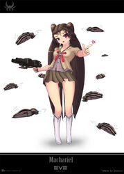  adapted_turret angel_cartel_(eve_online) artist_name ass_visible_through_thighs attack_ship_(eve_online) bare_arms battleship_(eve_online) boots breasts brown_hair brown_skirt cannon commentary company_logo company_name copyright_name emblem eve_online female full_body gatling_gun gun head_tilt heart holding holding_gun holding_turret holding_weapon knee_boots letterboxed light_blush long_hair looking_at_viewer machariel_(eve_online) mecha_musume mekito1 miniskirt minmatar_republic_(eve_online) open_mouth outstretched_arm personification pirate_faction_(eve_online) pleated_skirt red_eyes short_sleeves skirt small_breasts smile solo standing turret very_long_hair weapon white_background white_footwear 