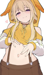  absurdres blonde_hair blush brown_skirt closed_mouth clothing_cutout commentary_request cowboy_shot cropped_hoodie female flat_chest hair_between_eyes heart highres hood hood_up hoodie ieiri_popo ieiri_popo_(2nd_costume) looking_at_viewer medium_bangs multicolored_hair nanashi_inc. navel neck_ribbon purple_eyes ribbon short_hair_with_long_locks shoulder_cutout sidelocks simple_background skirt smile smug solo spread_navel streaked_hair suspender_skirt suspenders temari_rin virtual_youtuber white_background yellow_hoodie yellow_ribbon 