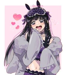  animal_ears black_hair blush border camisole cardigan choker crop_top drooling eyemask fake_animal_ears female grey_cardigan hand_to_own_mouth hand_up head_tilt heart lace lace_choker long_hair long_sleeves looking_at_viewer loungewear mask mask_on_head midriff mochizuki_(kb44612) mouth_drool navel nijisanji off_shoulder open_cardigan open_clothes open_mouth pink_background purple_camisole purple_eyes rabbit_ears simple_background single_sleeve_past_fingers sleep_mask sleeves_past_wrists smile solo spaghetti_strap sparkle tsukino_mito tsukino_mito_(loungewear) twitter_username upper_body virtual_youtuber white_border 