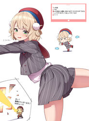  &gt;_&lt; absurdres ass beret blonde_hair blush chibi closed_mouth energy_beam eru_(l_illust45) female fish green_eyes grey_serafuku grey_skirt hair_ornament hat highres indie_virtual_youtuber looking_at_viewer meme miniskirt multiple_views open_mouth parted_lips plaid plaid_skirt pleated_skirt pom_pom_(clothes) pom_pom_hair_ornament sakana~_(meme) school_uniform serafuku shigure_ui_(vtuber) short_hair simple_background skirt standing standing_on_one_leg thighs translation_request white_background 