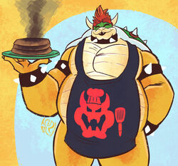  anthro apron bowser bracelet burnt_food closed_eyes clothing collar food hair hi_res jasperthecrab jewelry koopa male mario_bros musclegut muscular nintendo orange_hair pancake scalie shell smoke solo spiked_bracelet spiked_collar spiked_shell spikes spikes_(anatomy) yellow_body 