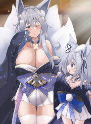  2girls absurdres aged_down animal_ear_fluff animal_ears ass_visible_through_thighs azur_lane bare_shoulders blue_eyes blue_kimono blush breasts cleavage detached_collar fox_ears fox_girl fox_tail grey_hair hair_ornament highres huge_breasts japanese_clothes kimono kitsune mother_and_daughter multiple_girls one_eye_closed parted_lips pleated_skirt shinano-chan_(azur_lane) shinano_(azur_lane) skirt tail thighhighs tonchinkan white_skirt white_thighhighs 