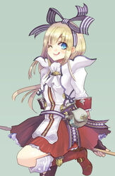  ;q atelier_(series) atelier_firis black_gloves blonde_hair blue_eyes boots bow commentary_request female fingerless_gloves gloves green_background hairbow ilmeria_von_leinweber knee_boots kuromame_(honey_728) long_hair looking_at_viewer md5_mismatch one_eye_closed pouch red_footwear red_skirt resolution_mismatch shirt skirt smile solo source_smaller striped striped_bow tongue tongue_out white_shirt 