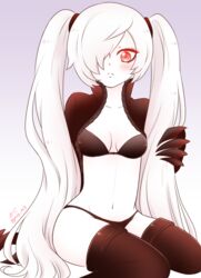  abyssal_ship bad_id bad_twitter_id bikini black_bikini black_thighhighs blush claws colored_skin commentary_request cropped_jacket female jacket kantai_collection long_hair migu_(migmig) pale_skin red_eyes solo southern_ocean_oni swimsuit thighhighs twintails very_long_hair white_hair white_skin 