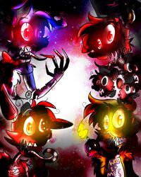  4:5 animatronic anthro avian bear bib bird bow_(feature) bow_tie button_(fastener) canid canine caramelcraze chicken creepy eye_patch eyewear five_nights_at_freddy&#039;s five_nights_at_freddy&#039;s_4 fox galliform gallus_(genus) glowing glowing_eyes group lagomorph leporid machine mammal nightmare_bonnie_(fnaf) nightmare_chica_(fnaf) nightmare_cupcake_(fnaf) nightmare_foxy_(fnaf) nightmare_freddy_(fnaf) phasianid rabbit robot robotic_tongue scottgames sharp_teeth teeth 